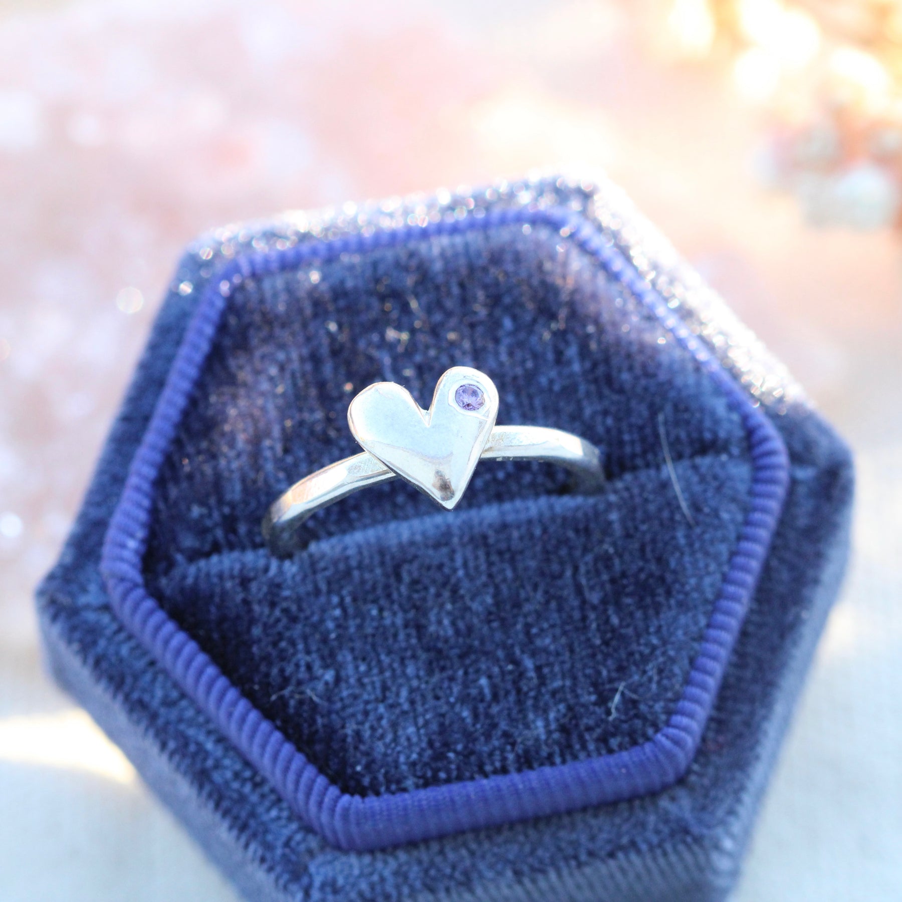 Sculpted Heart Birthstone Silver Stacking Ring