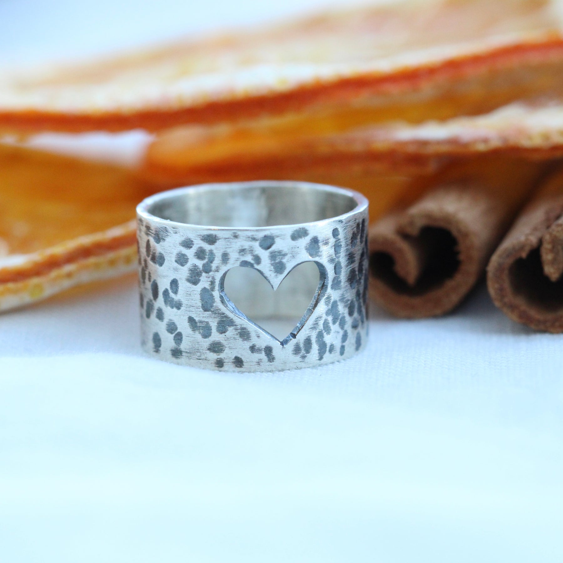 Heart Cut out sterling silver wide band ring
