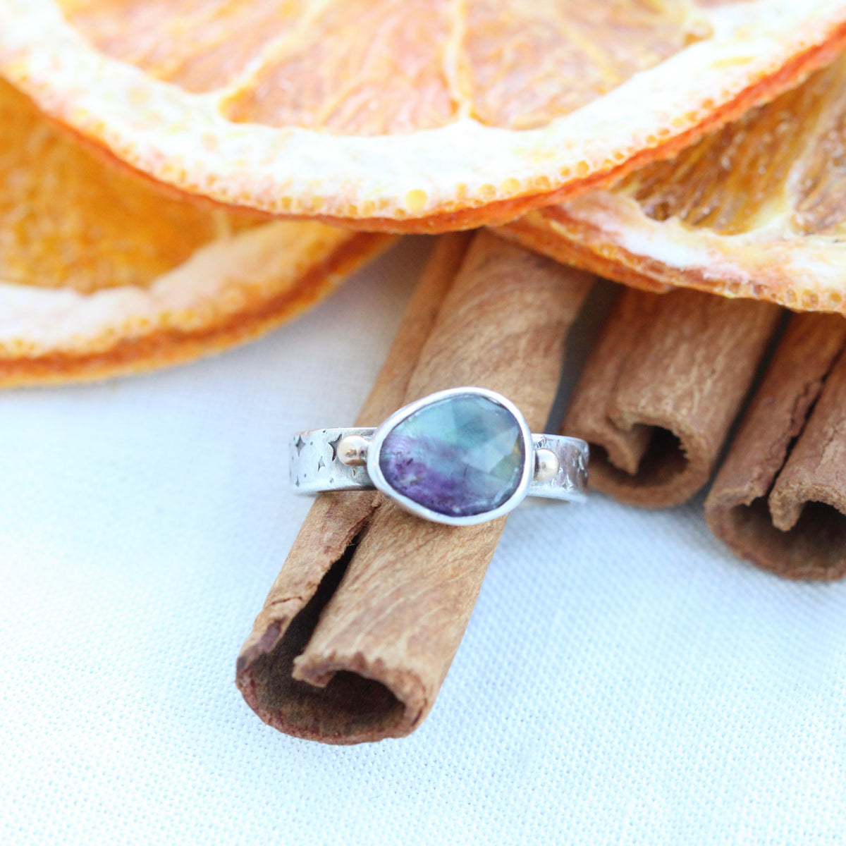 You are Made of Stardust sterling silver ring with Fluorite