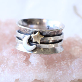 Star and Moon Sterling silver spinner ring