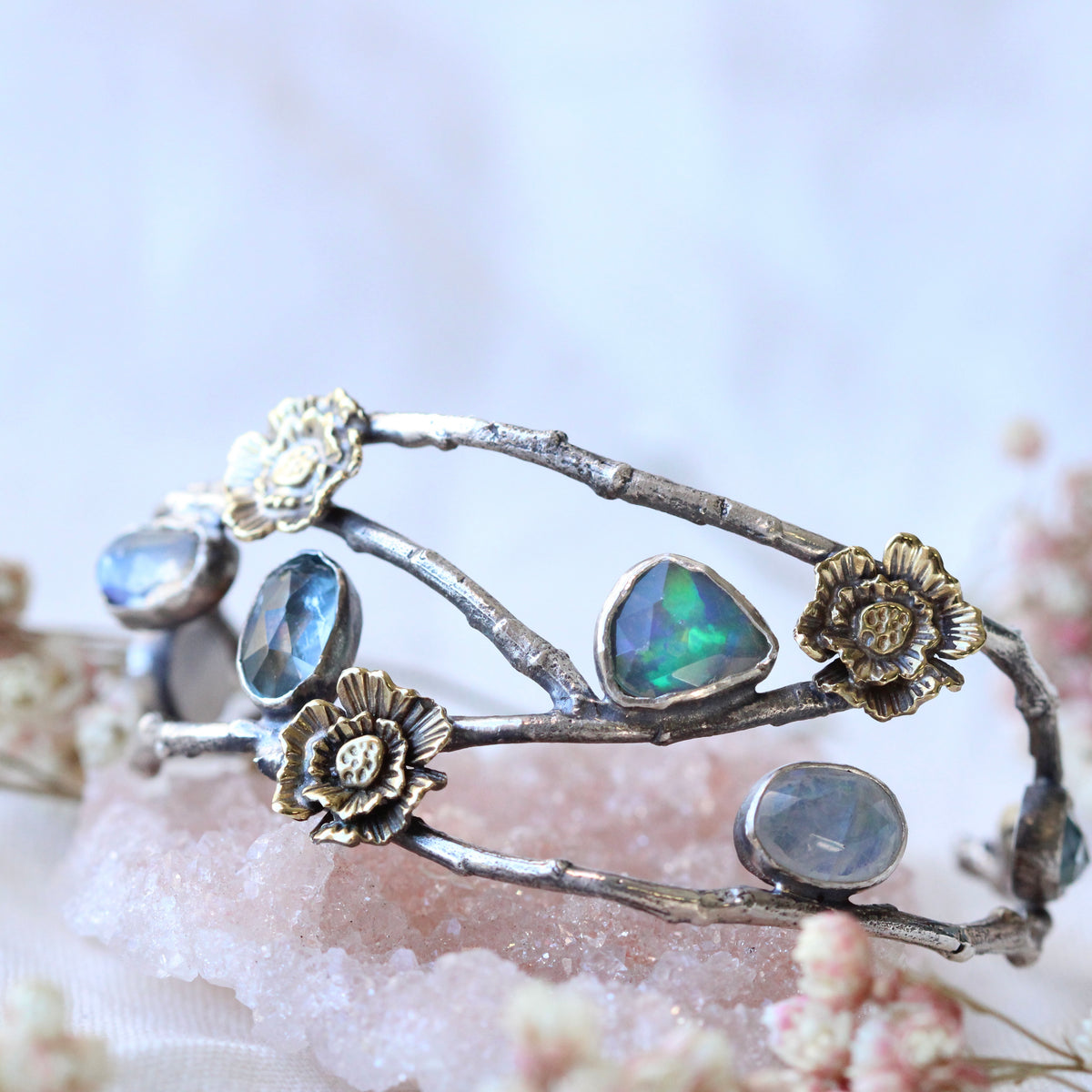 Midsummer Night's Dream Gemstone and Poppy Cuff Bracelet