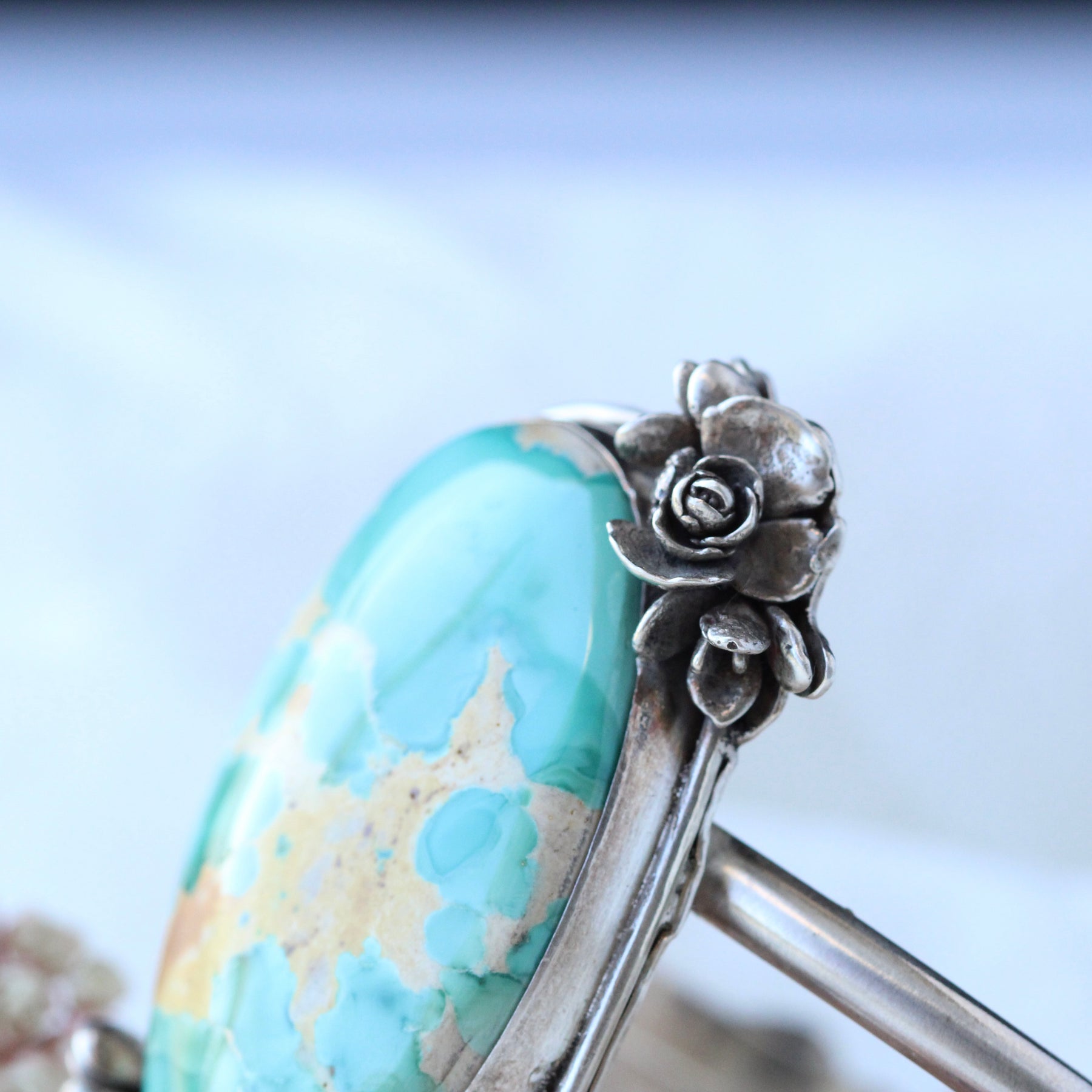 CLEARANCE SAMPLE SALE Roystone Turquoise sterling and floral cuff bracelet