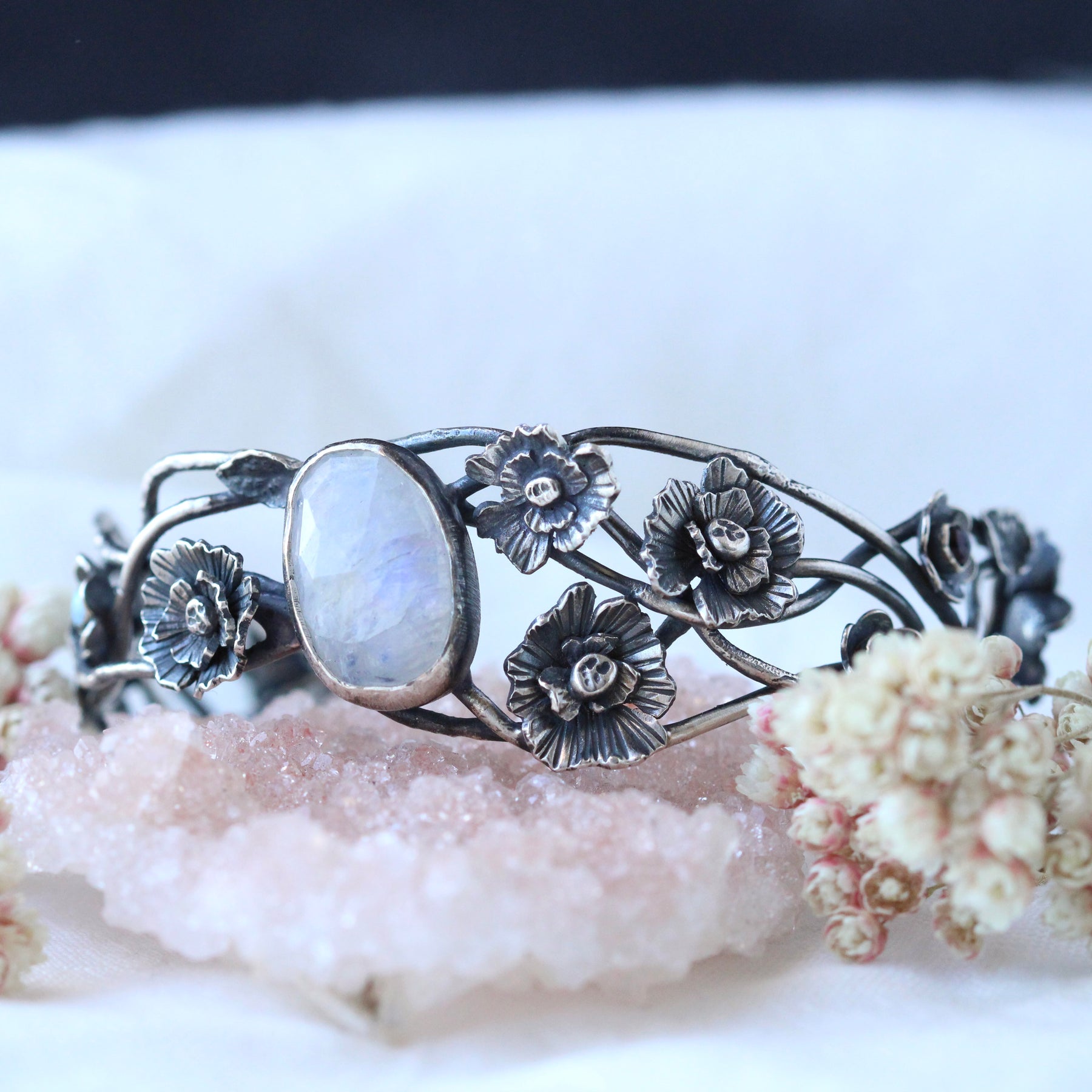 CLEARANCE SAMPLE SALE    Twilight Garden Poppy and Moonstone Silver Cuff Bracelet