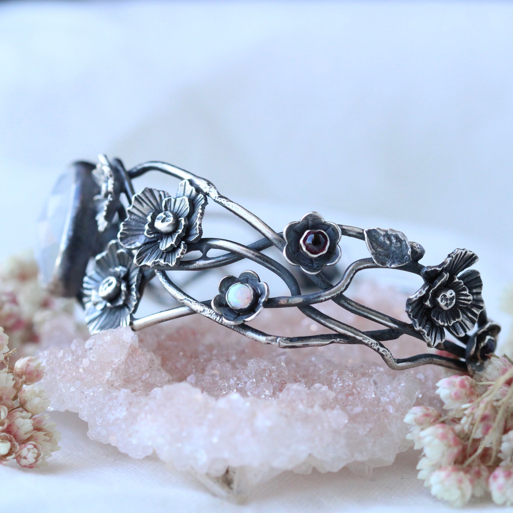 CLEARANCE SAMPLE SALE    Twilight Garden Poppy and Moonstone Silver Cuff Bracelet