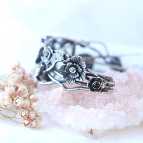Twilight Garden Poppy and Moonstone Silver Cuff Bracelet