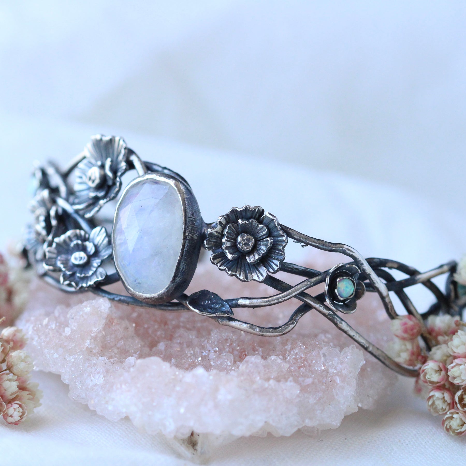 CLEARANCE SAMPLE SALE    Twilight Garden Poppy and Moonstone Silver Cuff Bracelet