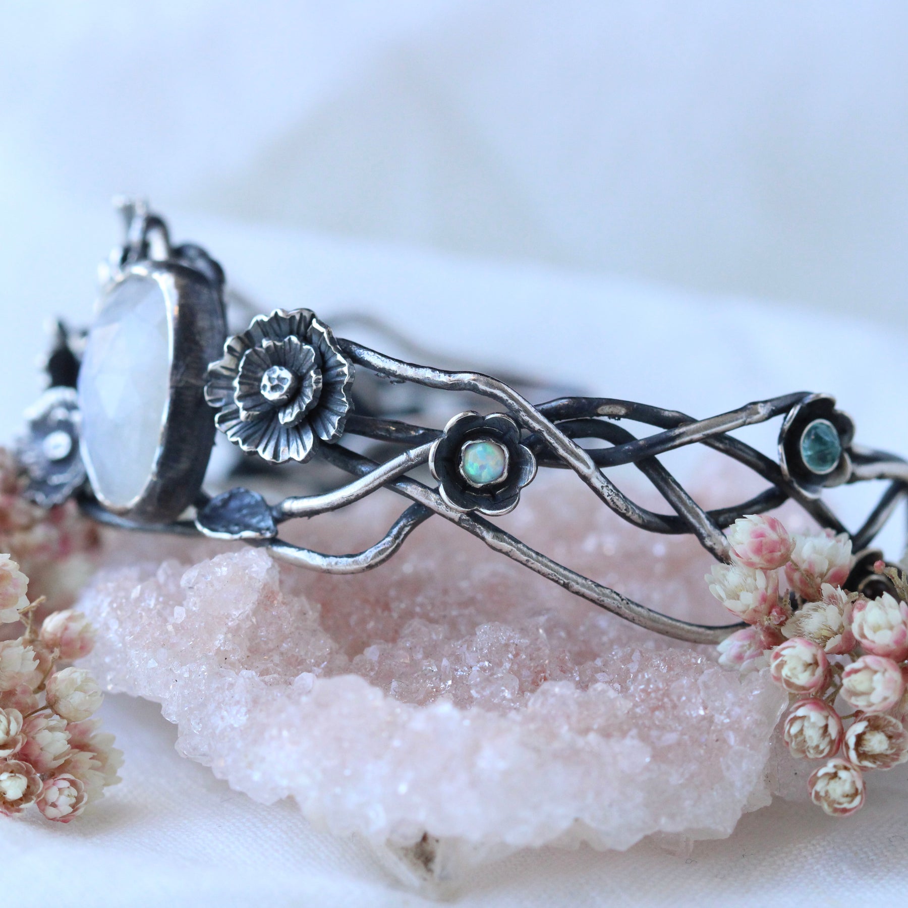 CLEARANCE SAMPLE SALE    Twilight Garden Poppy and Moonstone Silver Cuff Bracelet