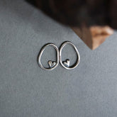 Organic Silver Oval with Hearts Post Earrings
