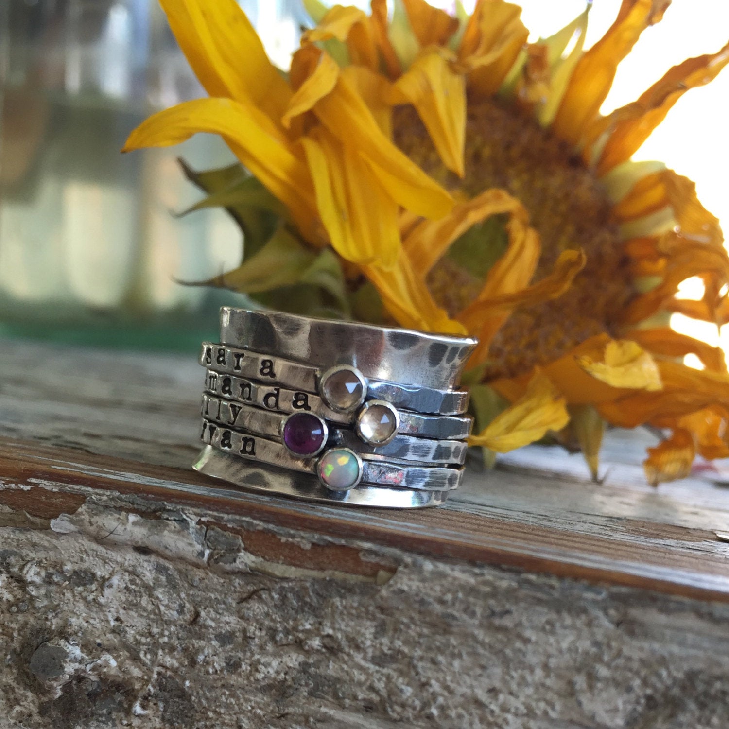 Silver Stamped Birthstone Spinner Ring