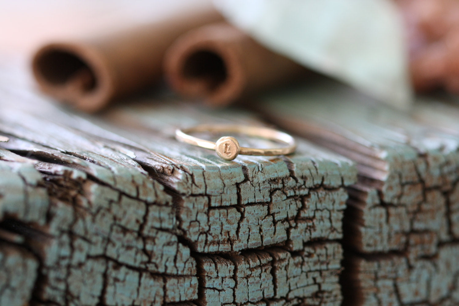 Stone Pebble & Initial 14k Gold Ring