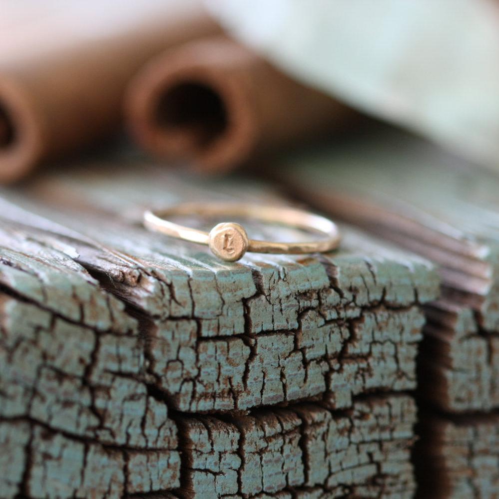 Stone Pebble & Initial 14k Gold Ring