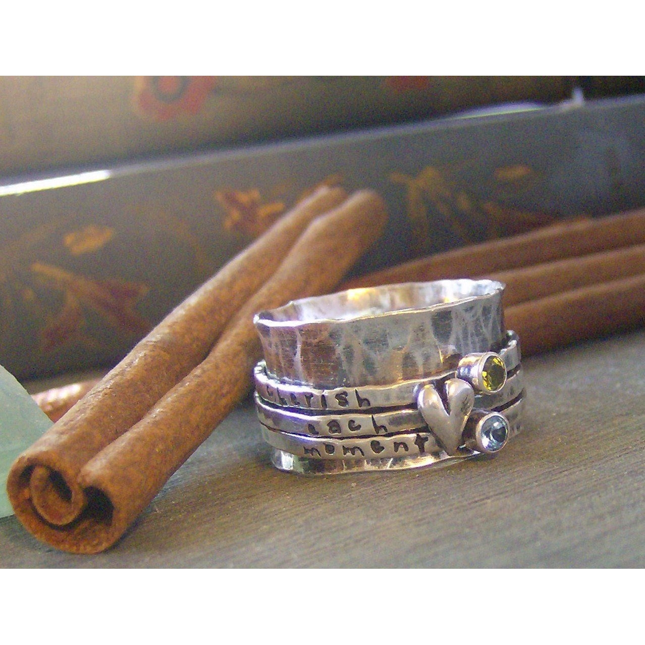 Heart and Birthstone Silver Spinner Ring