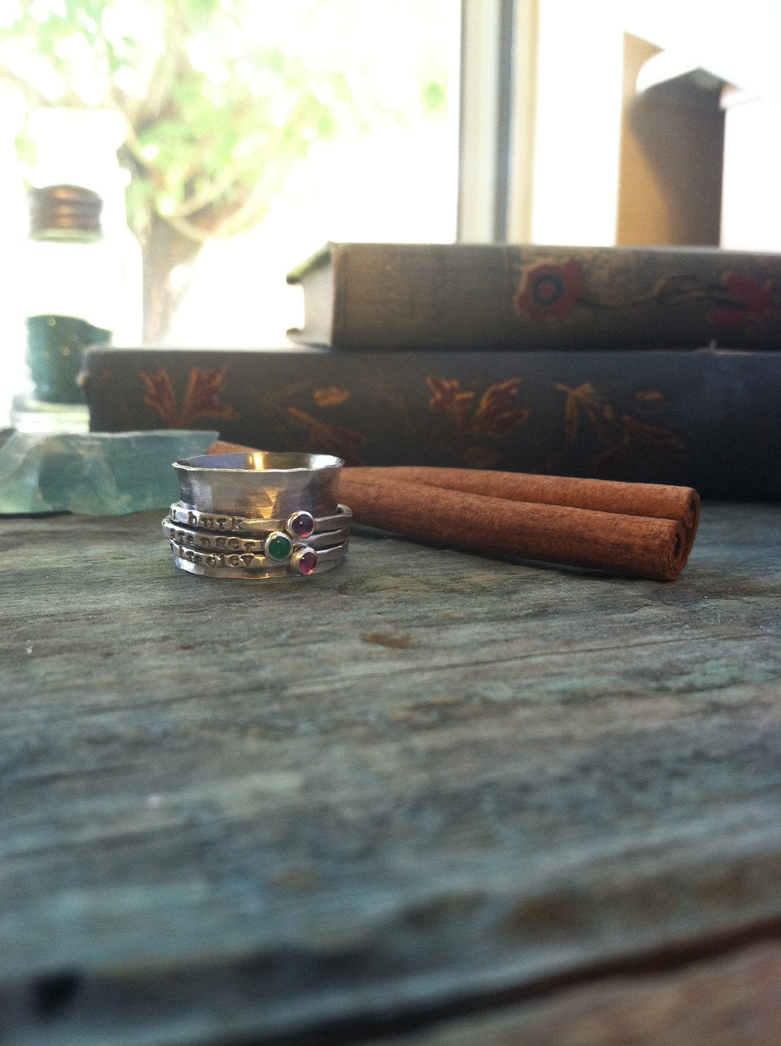 Silver Stamped Birthstone Spinner Ring